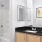 a bathroom with a black countertop
