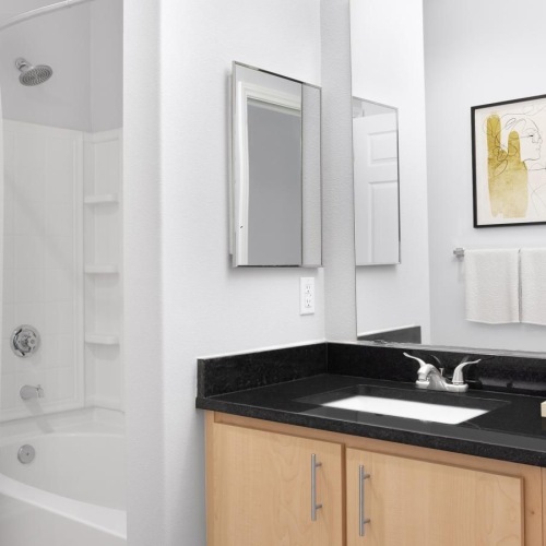 Spacious bathrooms with everything you need a bathroom with a black countertop