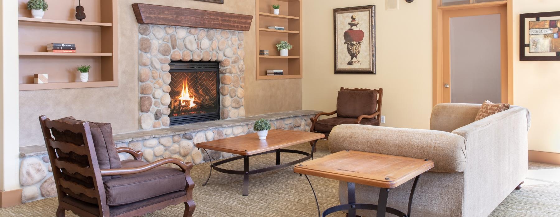 a living room with a fireplace