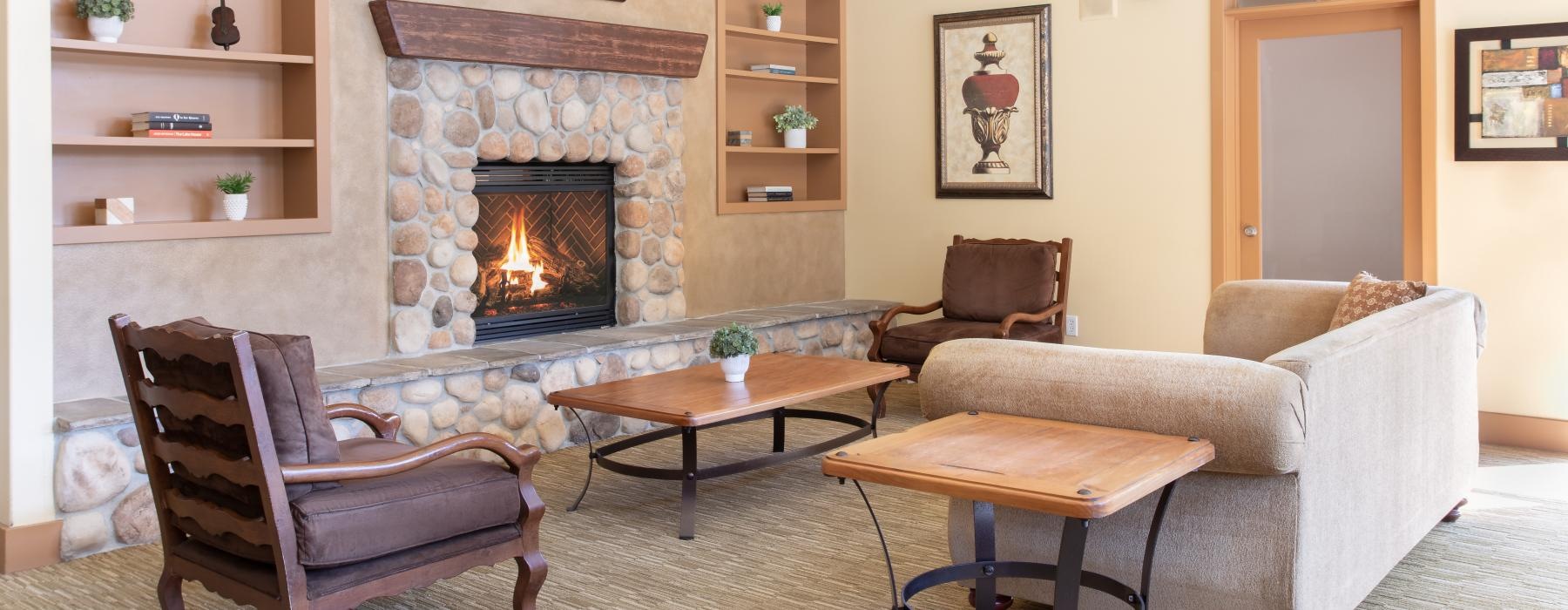 a living room with a fireplace